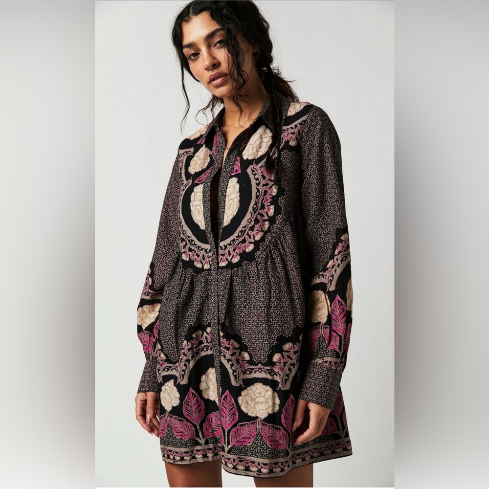 Free People Smell The Roses Floral Boho Mini Dress Long Sleeve Size XS S